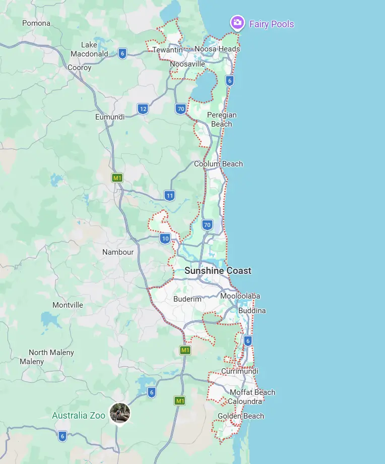 Map of the Sunshine Coast, Queensland, showing coastal towns (Noosa Heads, Coolum Beach, Mooloolaba) and red dotted walking trails along the coast surface area nearby Australia Zoo marker.